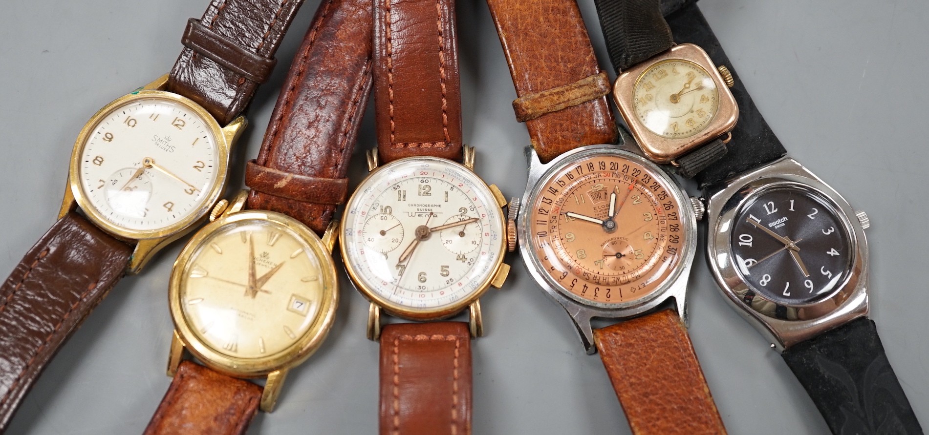 Five gentleman's assorted 1950's and later steel or steel and gold plated wrist watches including Smiths and Bucherer and a lady's 9ct gold wrist watch.